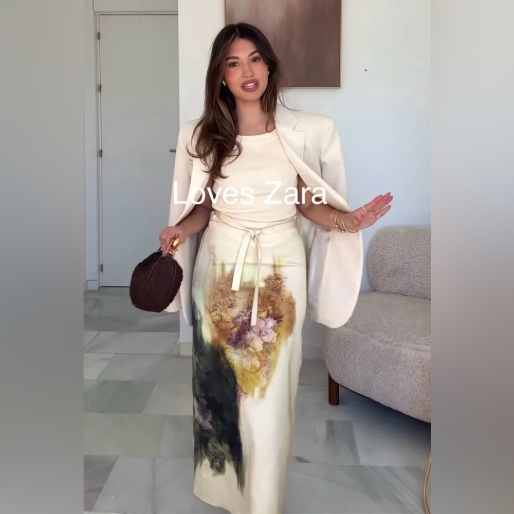 Zara Cream and Brown Midi Skirt - Picture 2 of 12